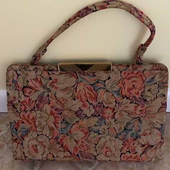 Gently used La France tapestry handbag with handle and gold metal opening. - Picture 1 of 6